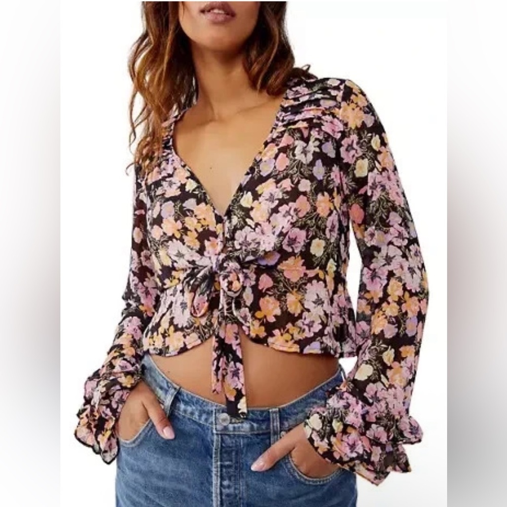 Free People Black Floral Sheer Long Sleeve Maybel Cropped Blouse Top Size Large
